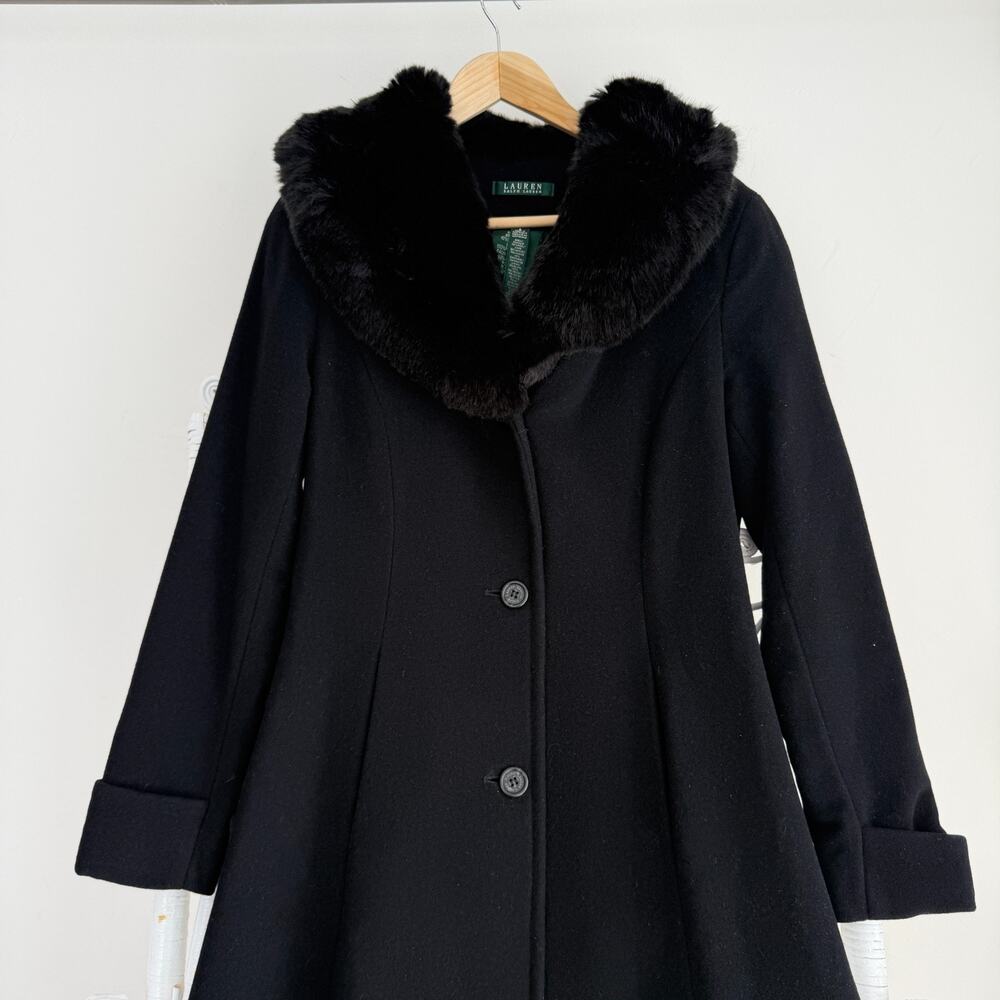 Ralph Lauren Coat Women 8 Black Wool Cashmere Blend Quiet Luxury Faux Fur Collar - Picture 2 of 9